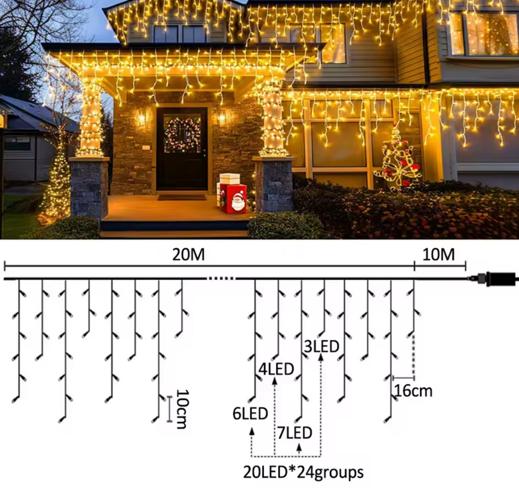 Guirlande LED glaçons façade maison Noël