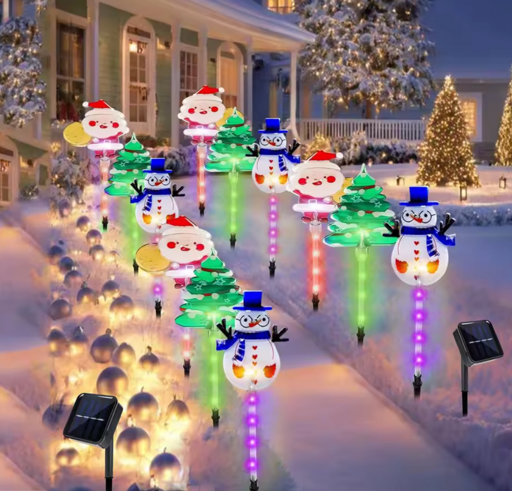 Set piquets solaires Noel allee jardin hiver neige multicolore