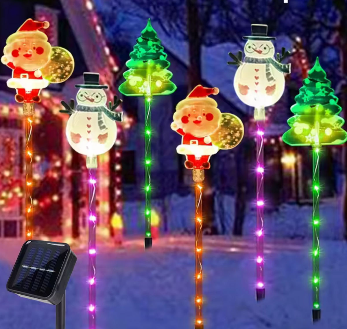 Piquets solaires Noel Pere Noel bonhomme neige sapin jardin nuit multicolore