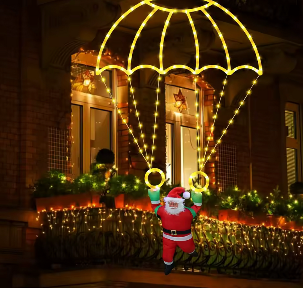 Pere Noel parachute LED facade maison exterieur nuit blanc chaud